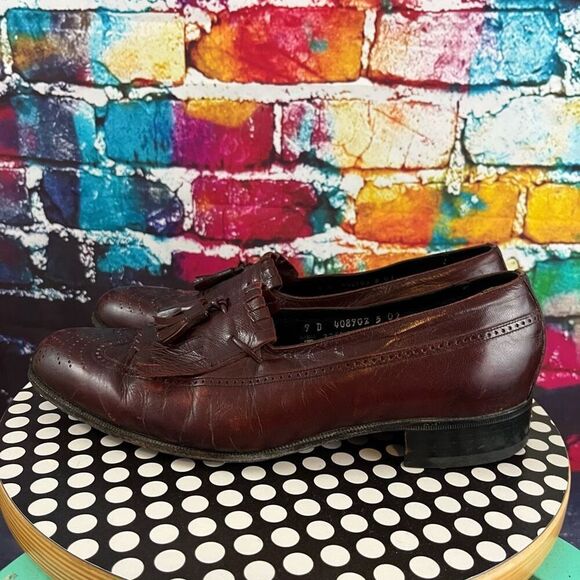 Florsheim Burgundy Leather Kiltie Tassel Wingtip Slip On Loafer Size 9 Medium - Picture 4 of 9